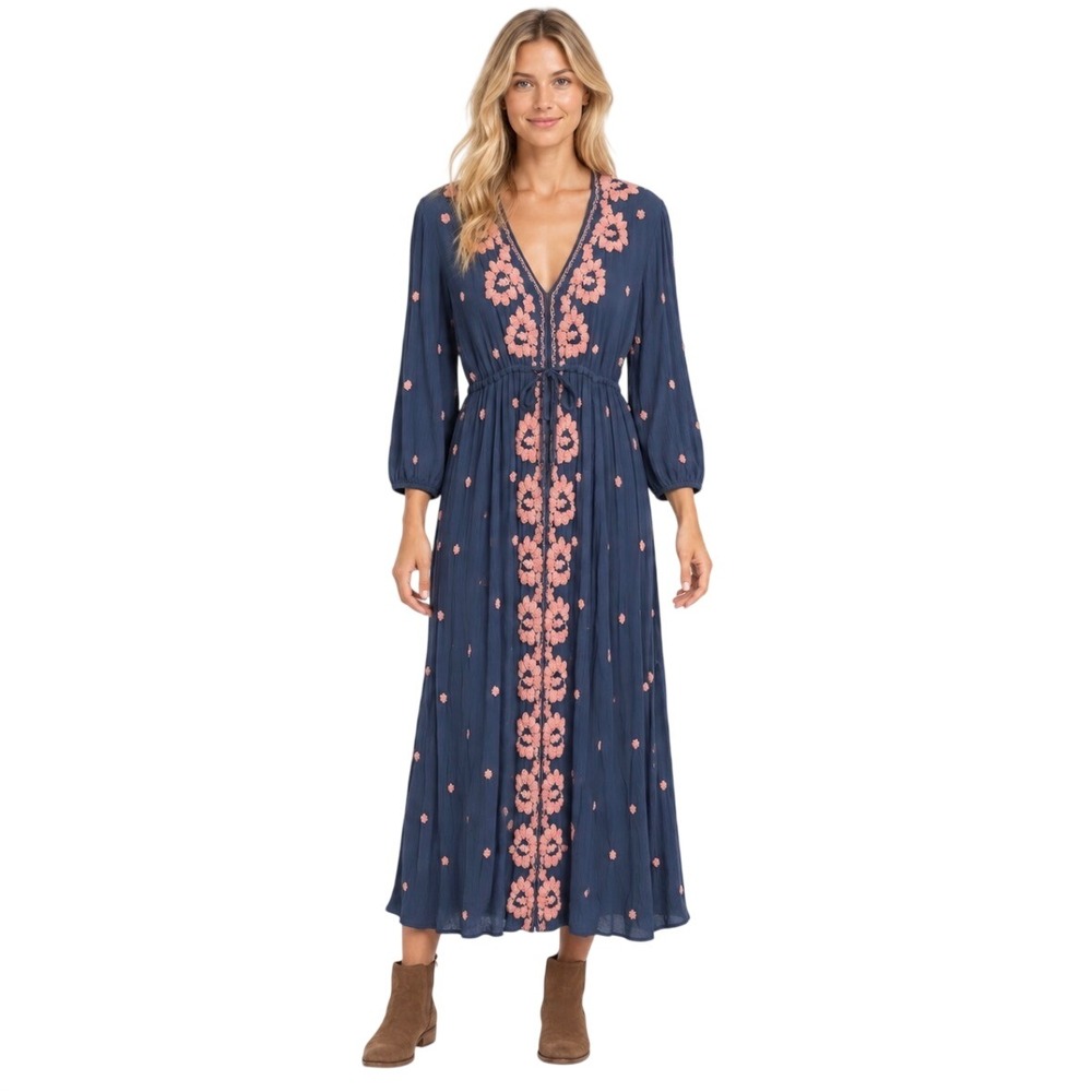 Free People Faded Bloom Maxi Dress Navy Blue Pink Embroidered V-Neck Boho Small